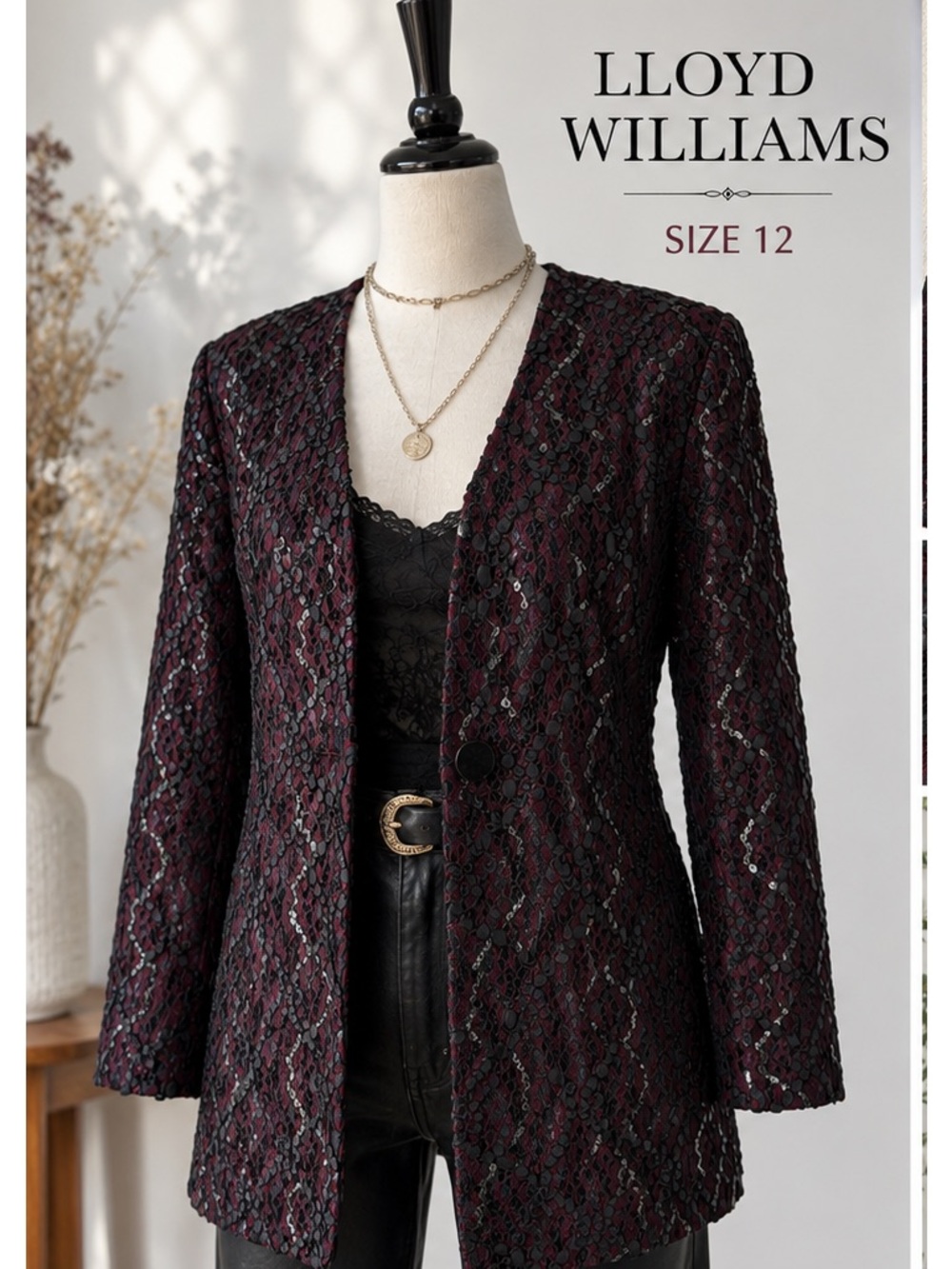 Vintage Lloyd Williams Women's Burgundy Lace-Overlay Blazer